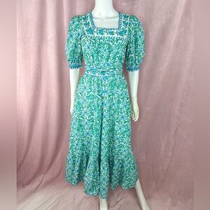Pink City Prints Womens 100% Cotton Blue Green Floral Print Midi Dress Size XS